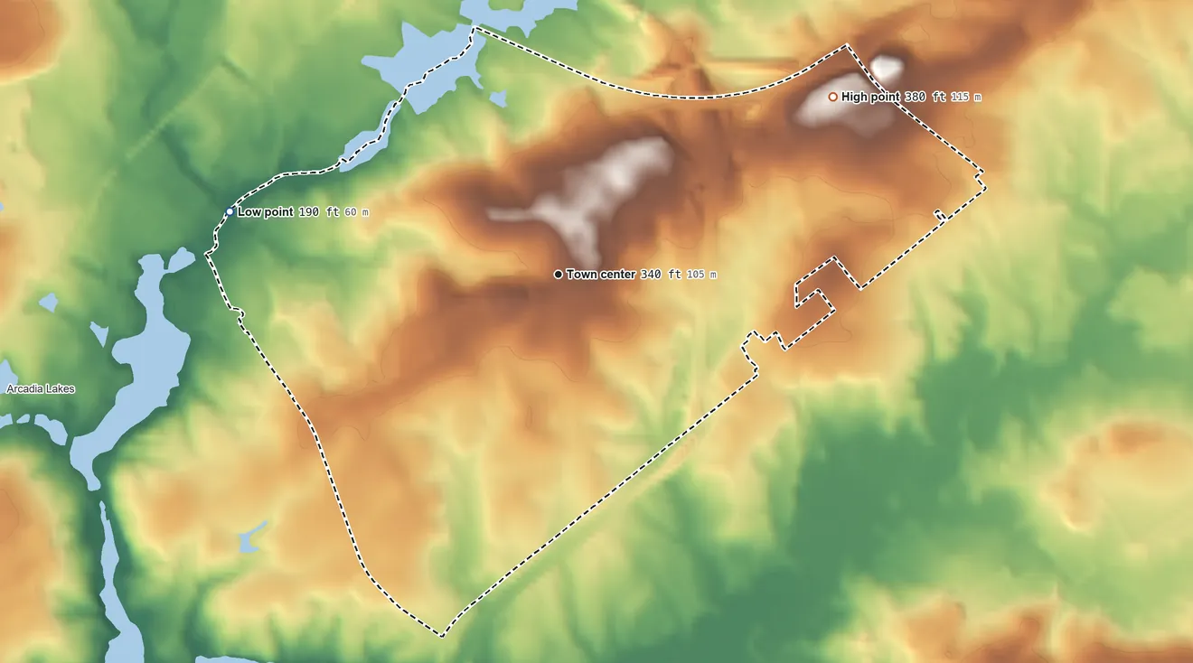 Topographic elevation map of Woodfield, South Carolina, shaded from 190 ft on the west side to 380 ft on the northeast side