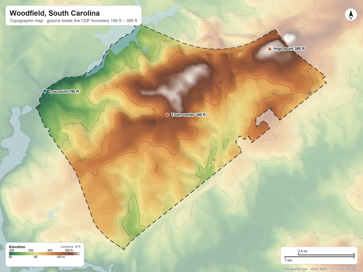 Topographic elevation map of Woodfield, South Carolina, shaded from 190 ft on the west side to 380 ft on the northeast side