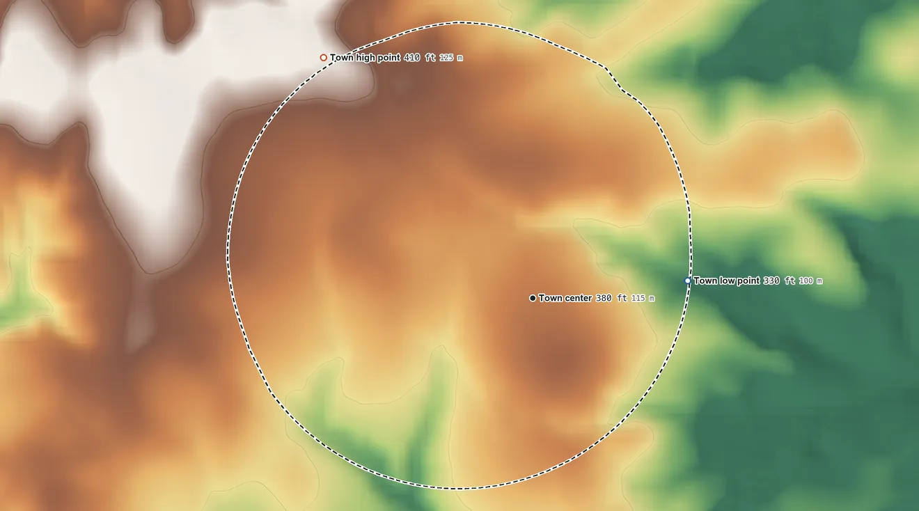 Topographic elevation map of Woodford, South Carolina, shaded from 330 ft on the east side to 410 ft on the northwest side