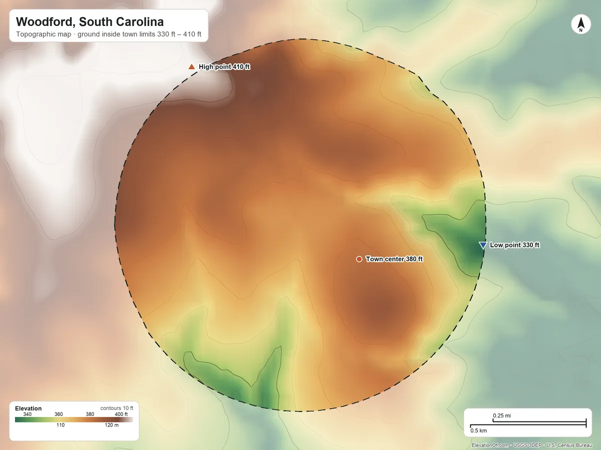 Topographic elevation map of Woodford, South Carolina, shaded from 330 ft on the east side to 410 ft on the northwest side