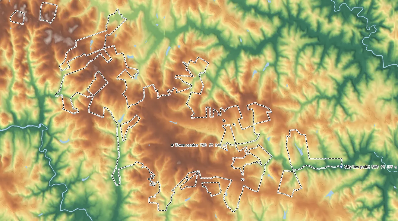 Topographic elevation map of Woodruff, South Carolina, shaded from 580 ft on the east side to 820 ft on the northwest side
