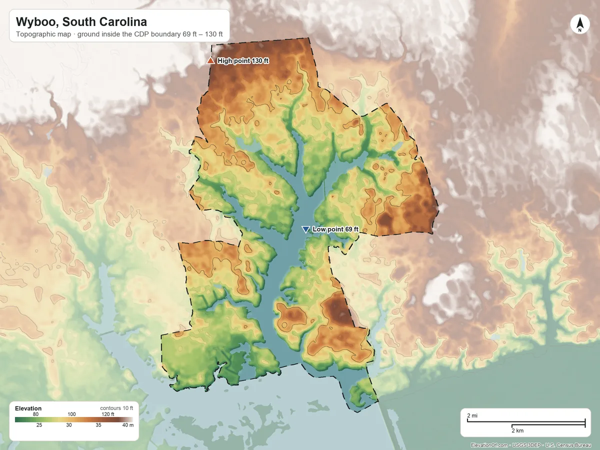 Topographic elevation map of Wyboo, South Carolina, shaded from 69 ft near the middle to 130 ft on the north side