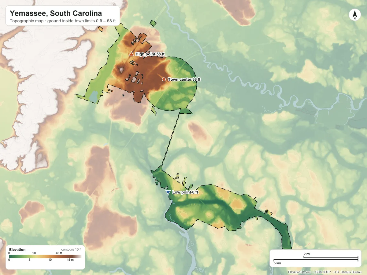 Topographic elevation map of Yemassee, South Carolina, shaded from 0 ft on the south side to 58 ft on the northwest side