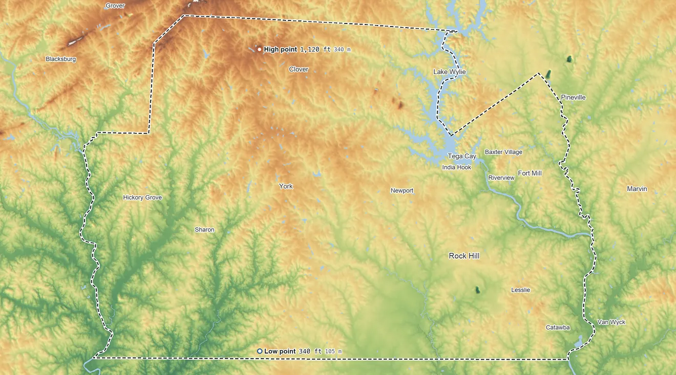 Topographic elevation map of York County, South Carolina, shaded from 340 ft on the southwest side to 1,120 ft on Henry Knob