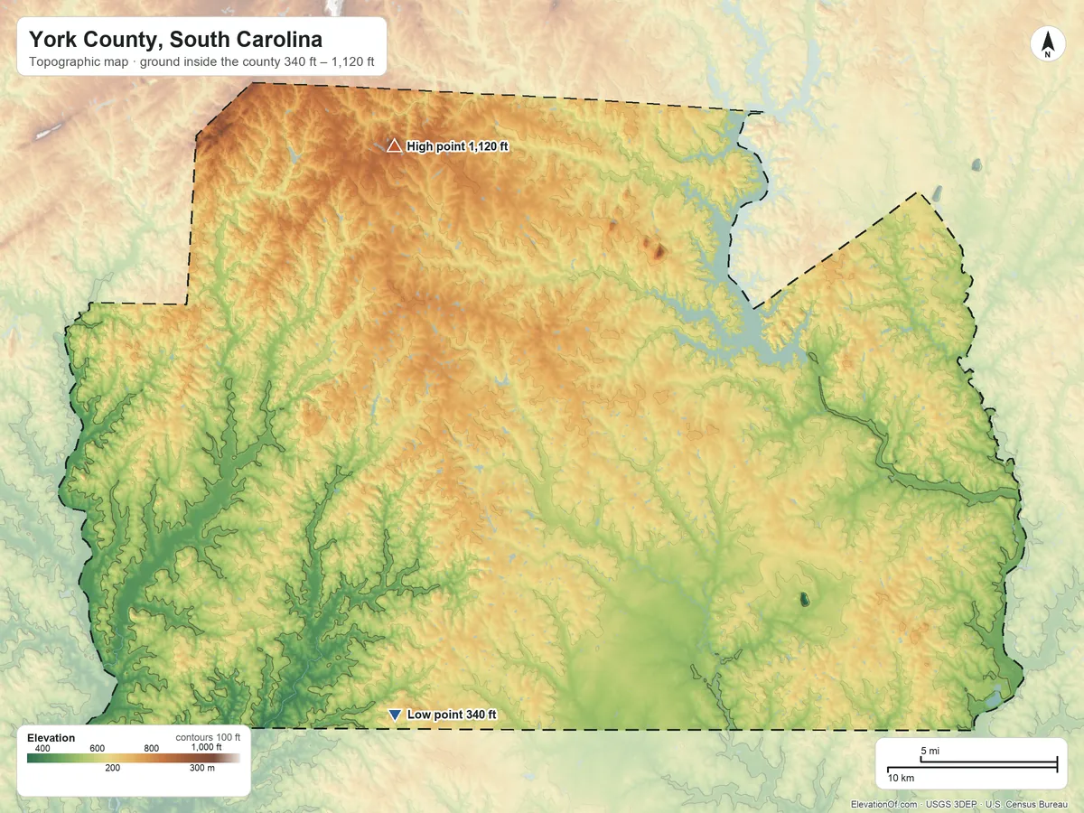 Topographic elevation map of York County, South Carolina, shaded from 340 ft on the southwest side to 1,120 ft on Henry Knob