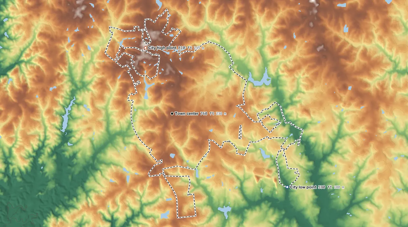 Topographic elevation map of York, South Carolina, shaded from 590 ft on the southeast side to 810 ft on the north side