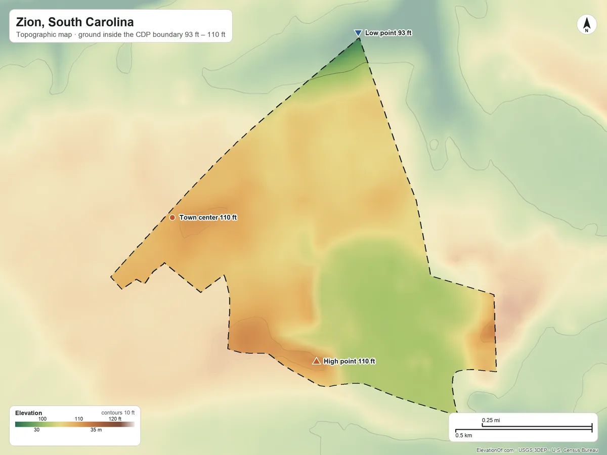 Topographic elevation map of Zion, South Carolina, shaded from 93 ft on the northeast side to 110 ft on the southeast side