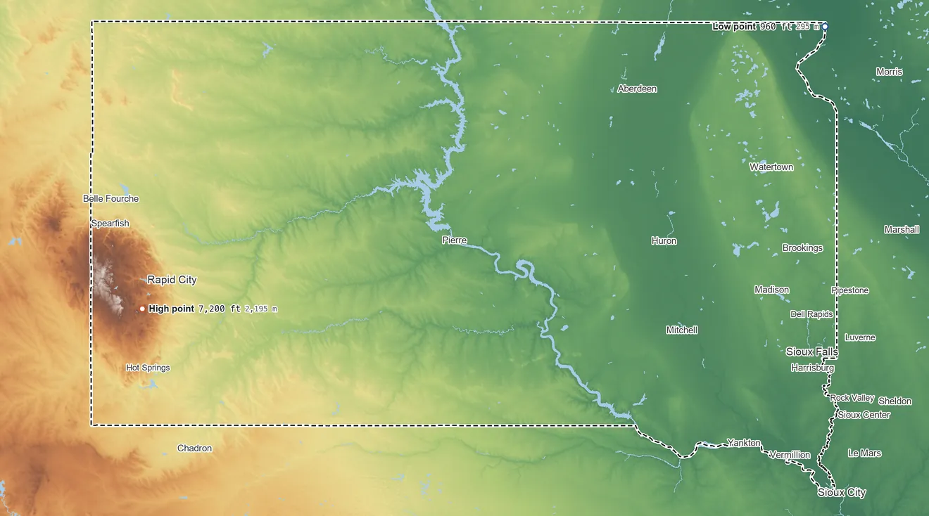 Topographic elevation map of South Dakota, shaded from 960 ft on the northeast side to 7,200 ft on Black Elk Peak