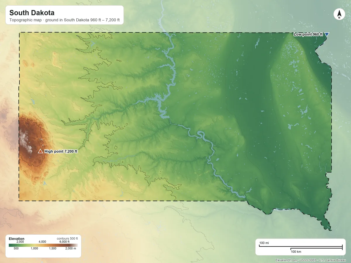 Topographic elevation map of South Dakota, shaded from 960 ft on the northeast side to 7,200 ft on Black Elk Peak