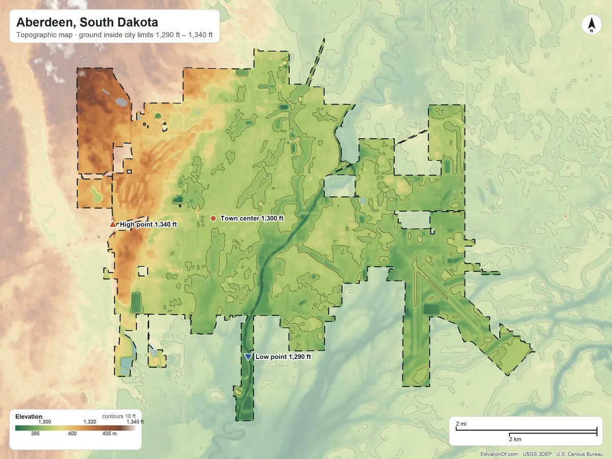 Topographic elevation map of Aberdeen, South Dakota, shaded from 1,290 ft on the south side to 1,340 ft on the west side