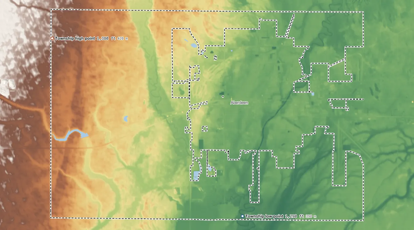 Topographic elevation map of Aberdeen Township, South Dakota, shaded from 1,290 ft on the southeast side to 1,380 ft on the northwest side