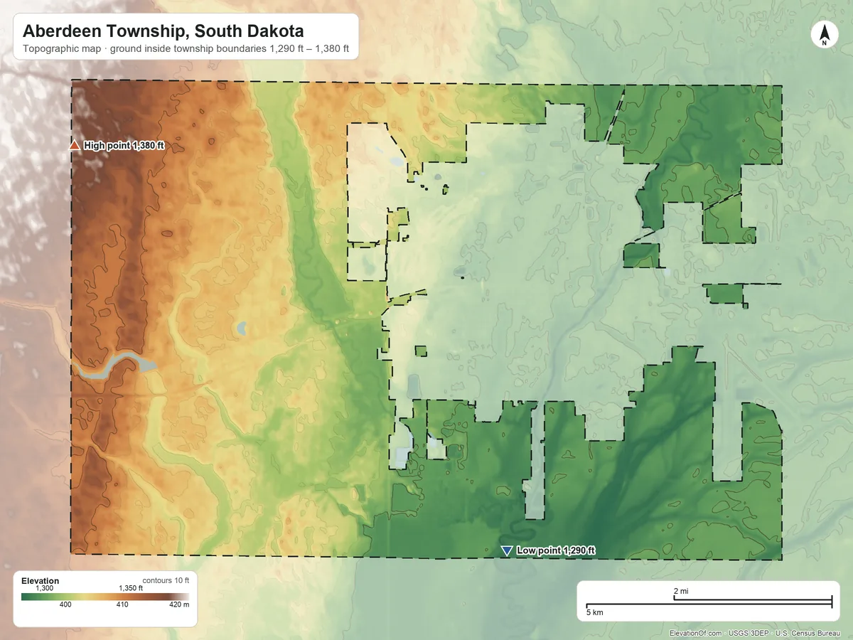 Topographic elevation map of Aberdeen Township, South Dakota, shaded from 1,290 ft on the southeast side to 1,380 ft on the northwest side