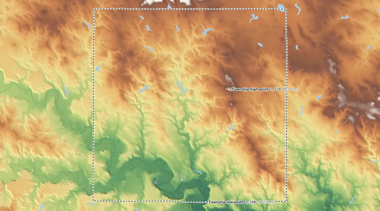 Topographic elevation map of Ada Township, South Dakota, shaded from 2,390 ft on the southeast side to 2,770 ft on Flat Top Butte