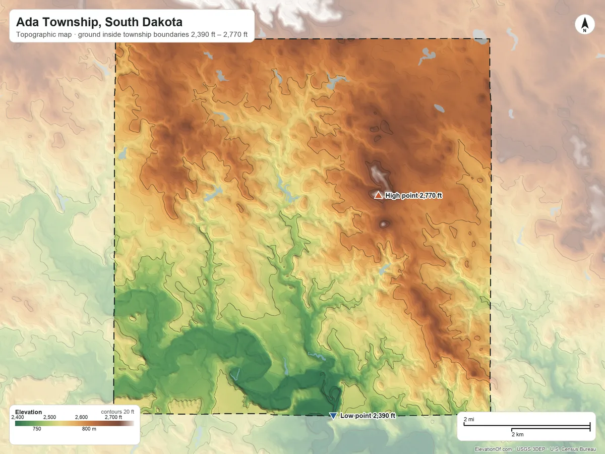 Topographic elevation map of Ada Township, South Dakota, shaded from 2,390 ft on the southeast side to 2,770 ft on Flat Top Butte