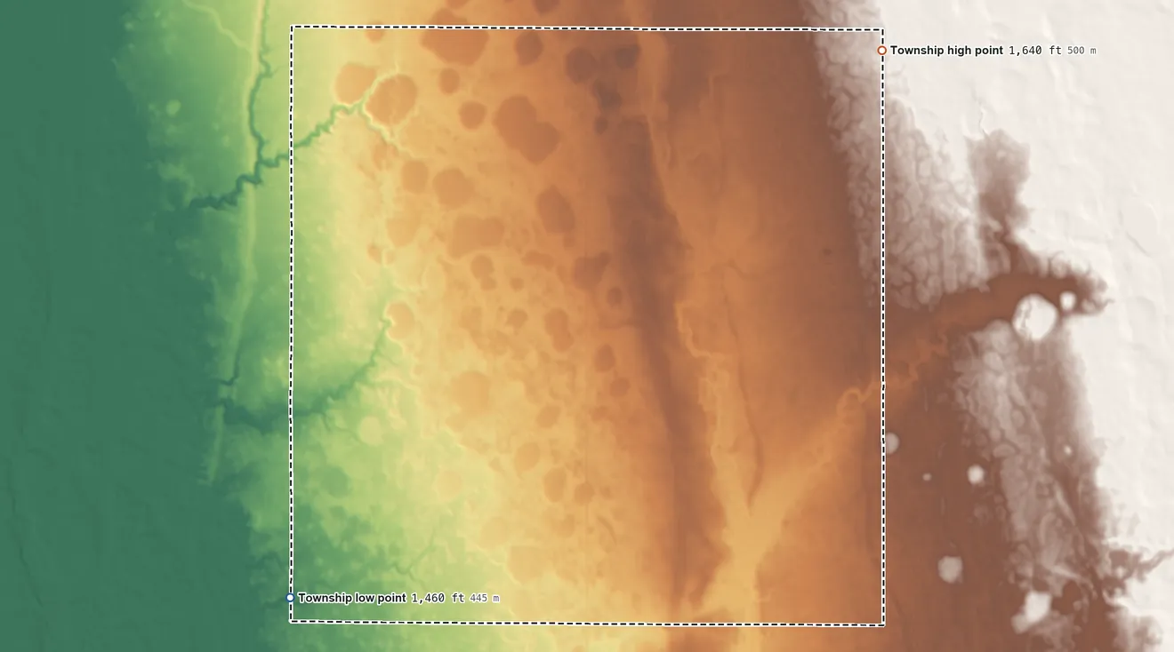Topographic elevation map of Adams Township, Miner County, South Dakota, shaded from 1,460 ft on the southwest side to 1,640 ft on the northeast side