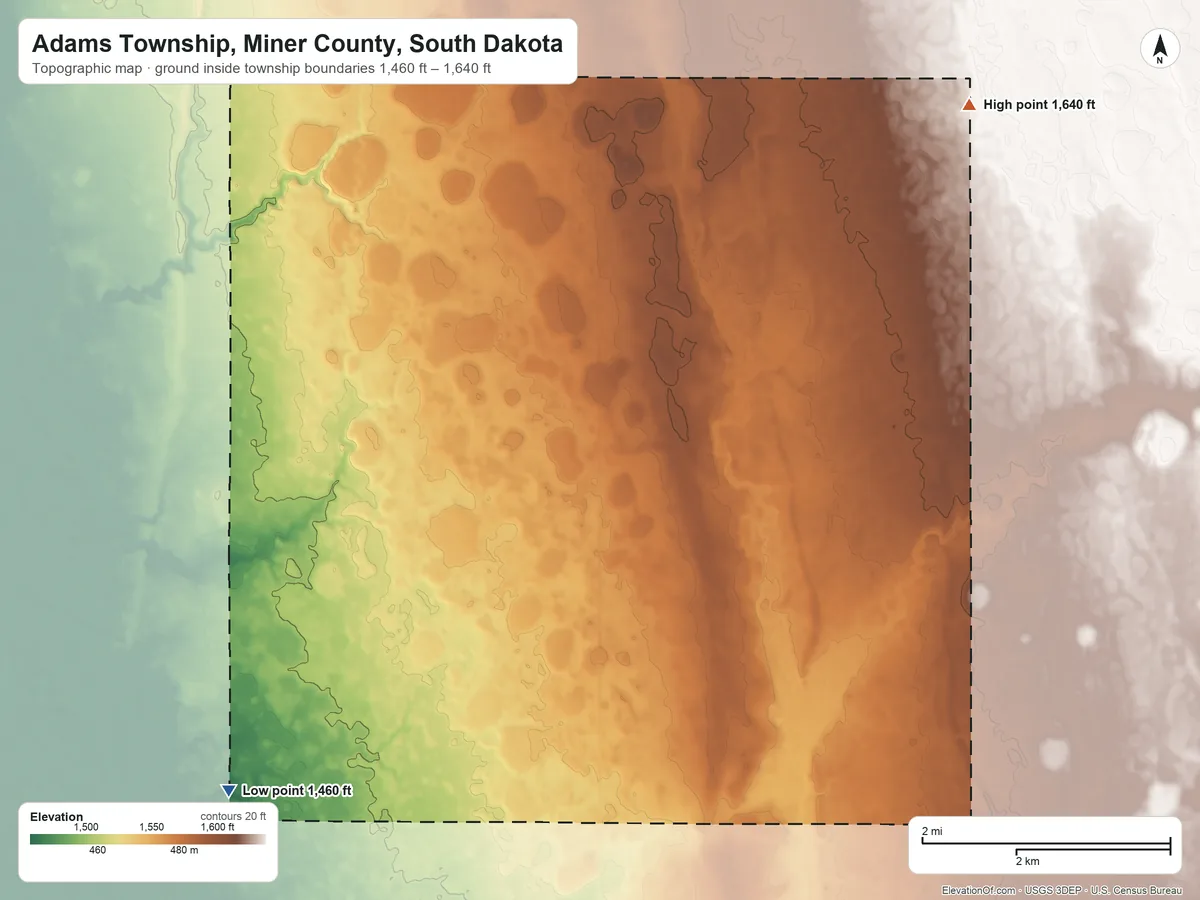 Topographic elevation map of Adams Township, Miner County, South Dakota, shaded from 1,460 ft on the southwest side to 1,640 ft on the northeast side