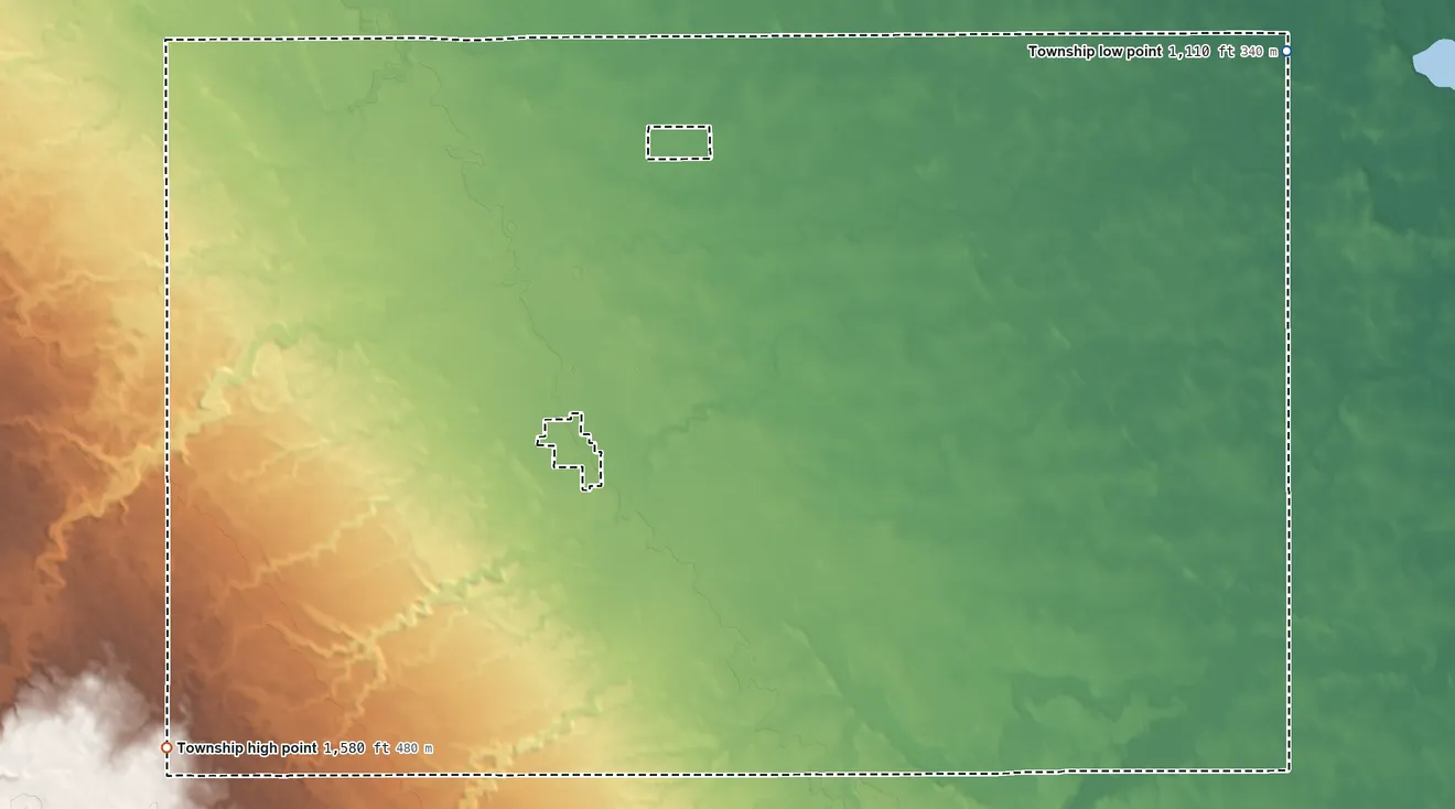 Topographic elevation map of Adams Township, South Dakota, shaded from 1,110 ft on the northeast side to 1,580 ft on the southwest side