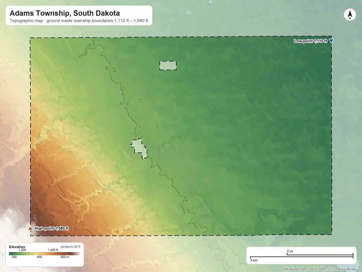 Topographic elevation map of Adams Township, South Dakota, shaded from 1,110 ft on the northeast side to 1,580 ft on the southwest side