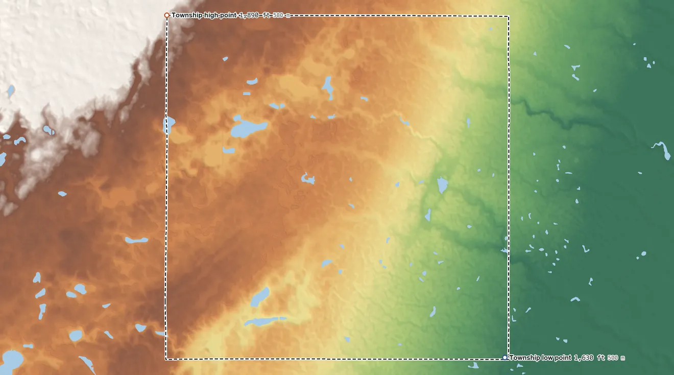 Topographic elevation map of Adrian Township, South Dakota, shaded from 1,630 ft on the east side to 1,890 ft on the north side