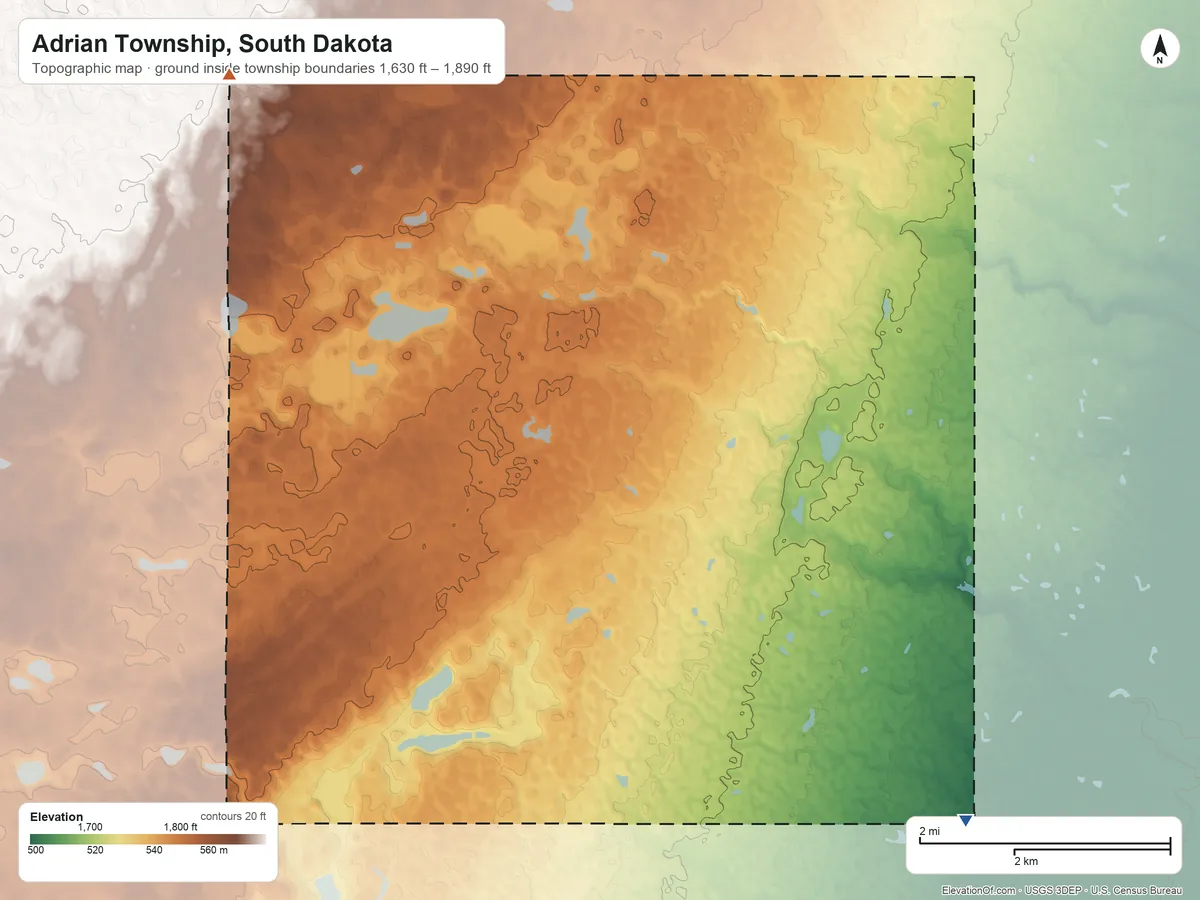 Topographic elevation map of Adrian Township, South Dakota, shaded from 1,630 ft on the east side to 1,890 ft on the north side