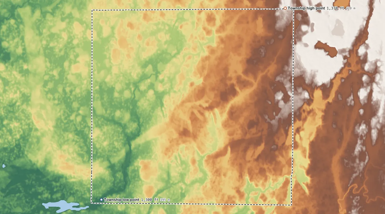 Topographic elevation map of Afton Township, Sanborn County, South Dakota, shaded from 1,300 ft on the southwest side to 1,370 ft on the northeast side