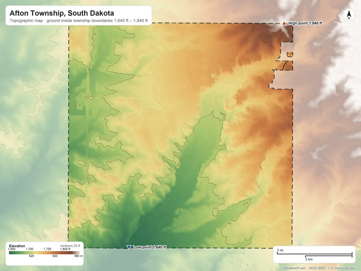 Topographic elevation map of Afton Township, South Dakota, shaded from 1,640 ft on the south side to 1,840 ft on the northeast side