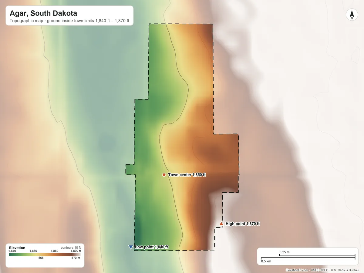 Topographic elevation map of Agar, South Dakota, shaded from 1,840 ft on the southwest side to 1,870 ft on the southeast side