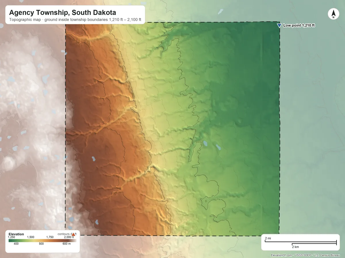 Topographic elevation map of Agency Township, South Dakota, shaded from 1,210 ft on the northeast side to 2,100 ft on the southwest side