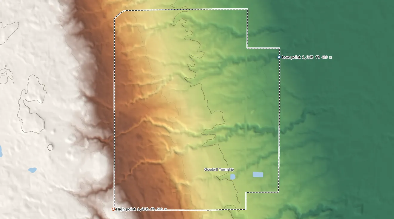 Topographic elevation map of Agency Village, South Dakota, shaded from 1,340 ft on the northeast side to 1,910 ft on the west side