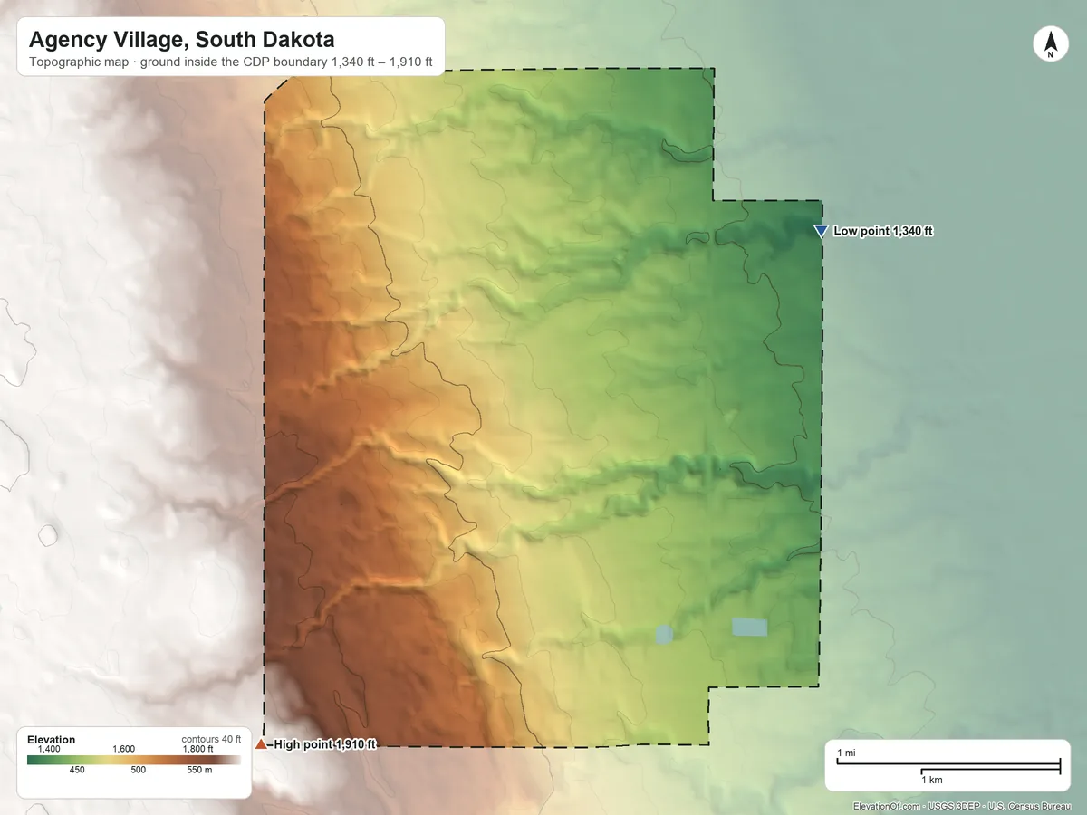 Topographic elevation map of Agency Village, South Dakota, shaded from 1,340 ft on the northeast side to 1,910 ft on the west side