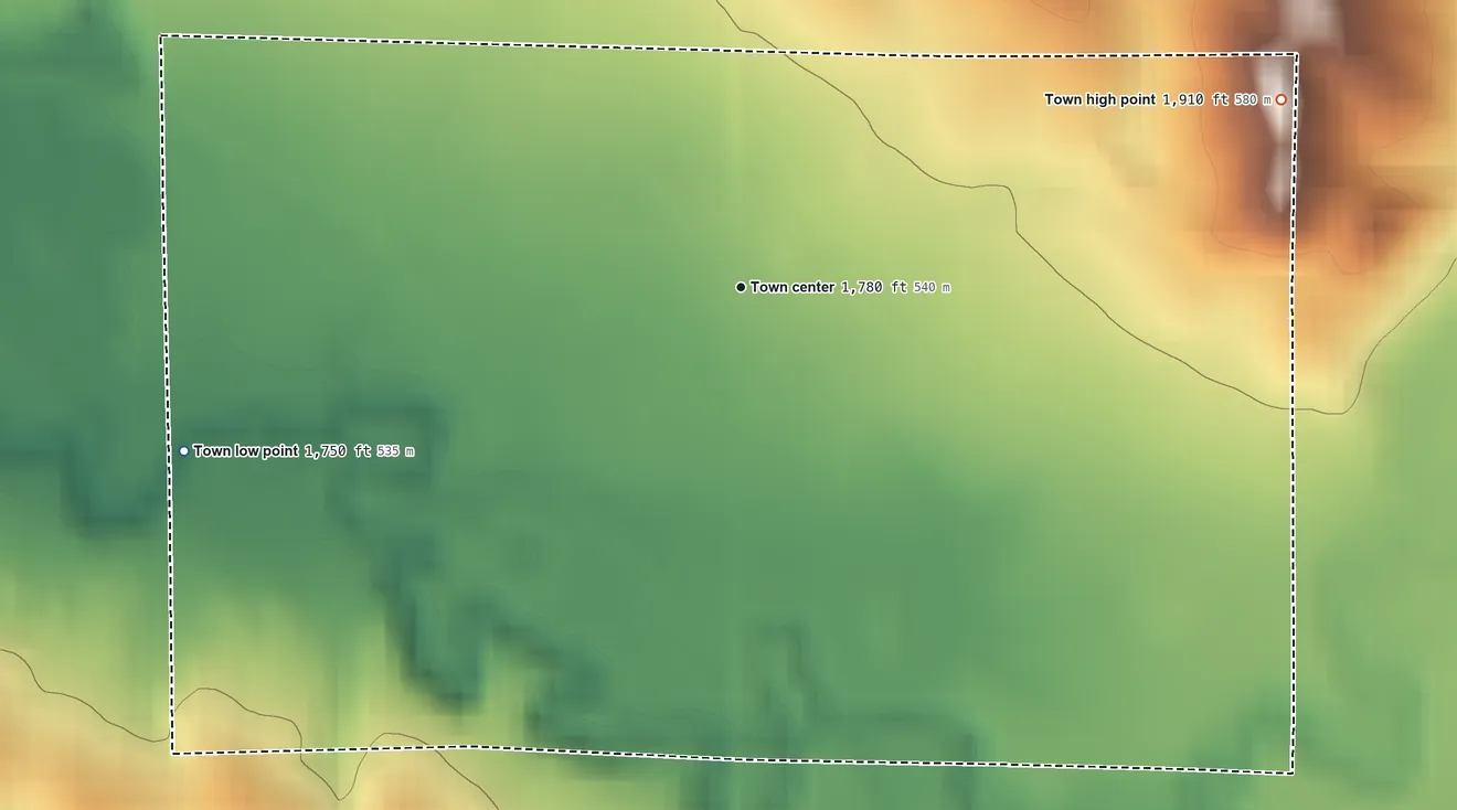 Topographic elevation map of Akaska, South Dakota, shaded from 1,750 ft on the west side to 1,910 ft on the east side