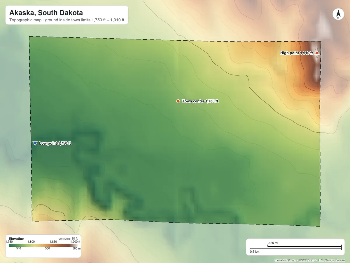 Topographic elevation map of Akaska, South Dakota, shaded from 1,750 ft on the west side to 1,910 ft on the east side