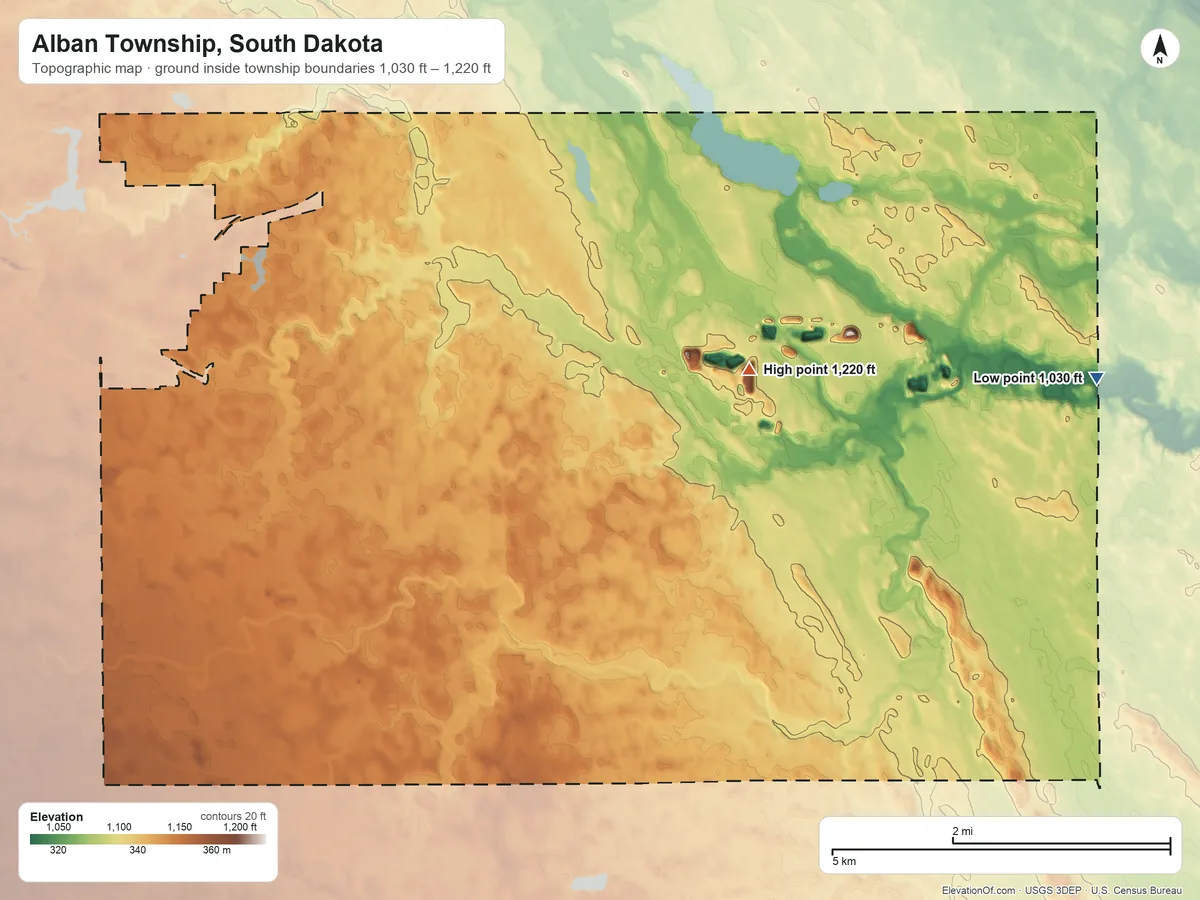 Topographic elevation map of Alban Township, South Dakota, shaded from 1,030 ft on the east side to 1,220 ft on the east side