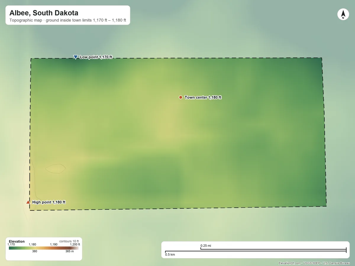 Topographic elevation map of Albee, South Dakota, shaded from 1,170 ft on the west side to 1,180 ft on the southwest side