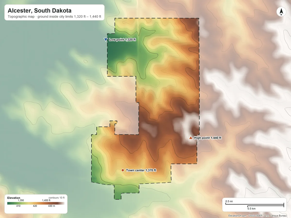 Topographic elevation map of Alcester, South Dakota, shaded from 1,320 ft on the north side to 1,440 ft on the northeast side