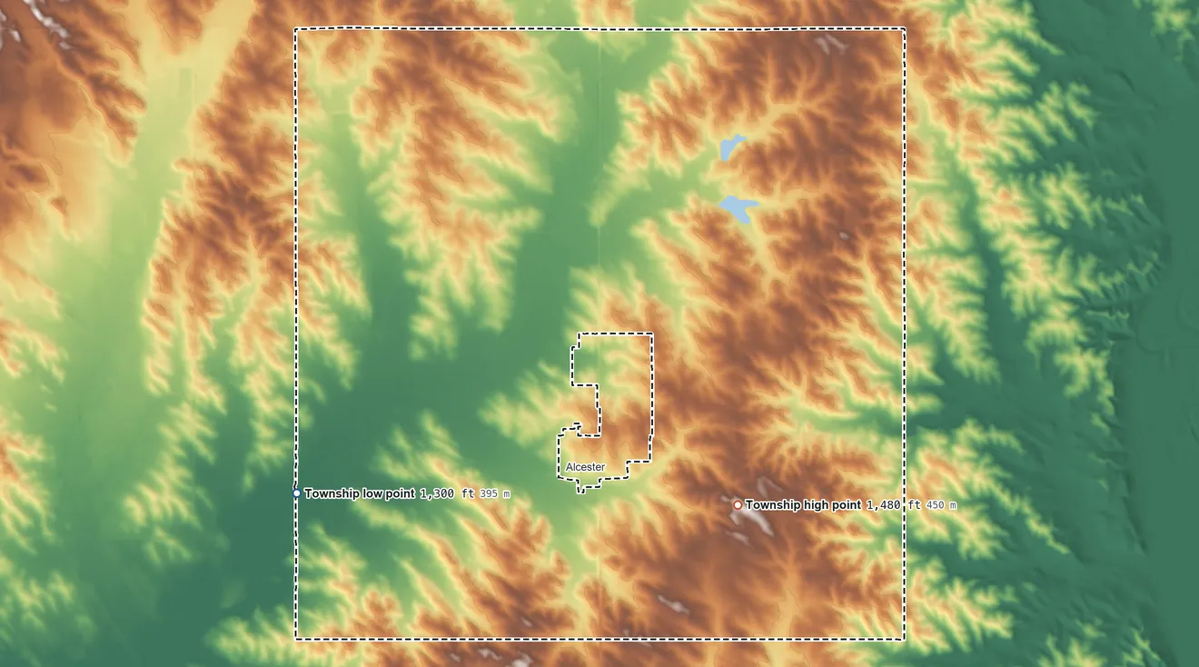 Topographic elevation map of Alcester Township, South Dakota, shaded from 1,300 ft on the southwest side to 1,480 ft on the southeast side