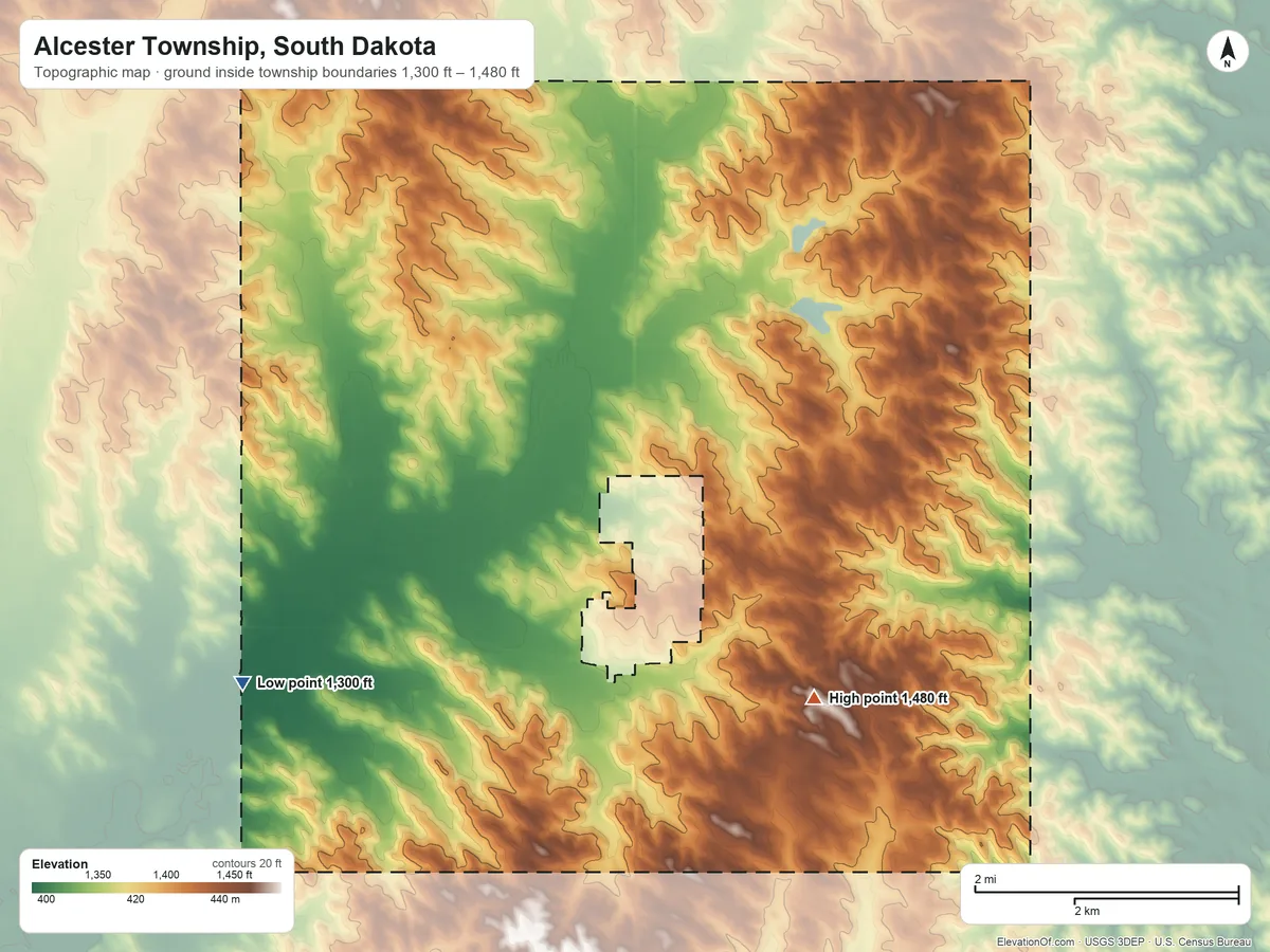 Topographic elevation map of Alcester Township, South Dakota, shaded from 1,300 ft on the southwest side to 1,480 ft on the southeast side