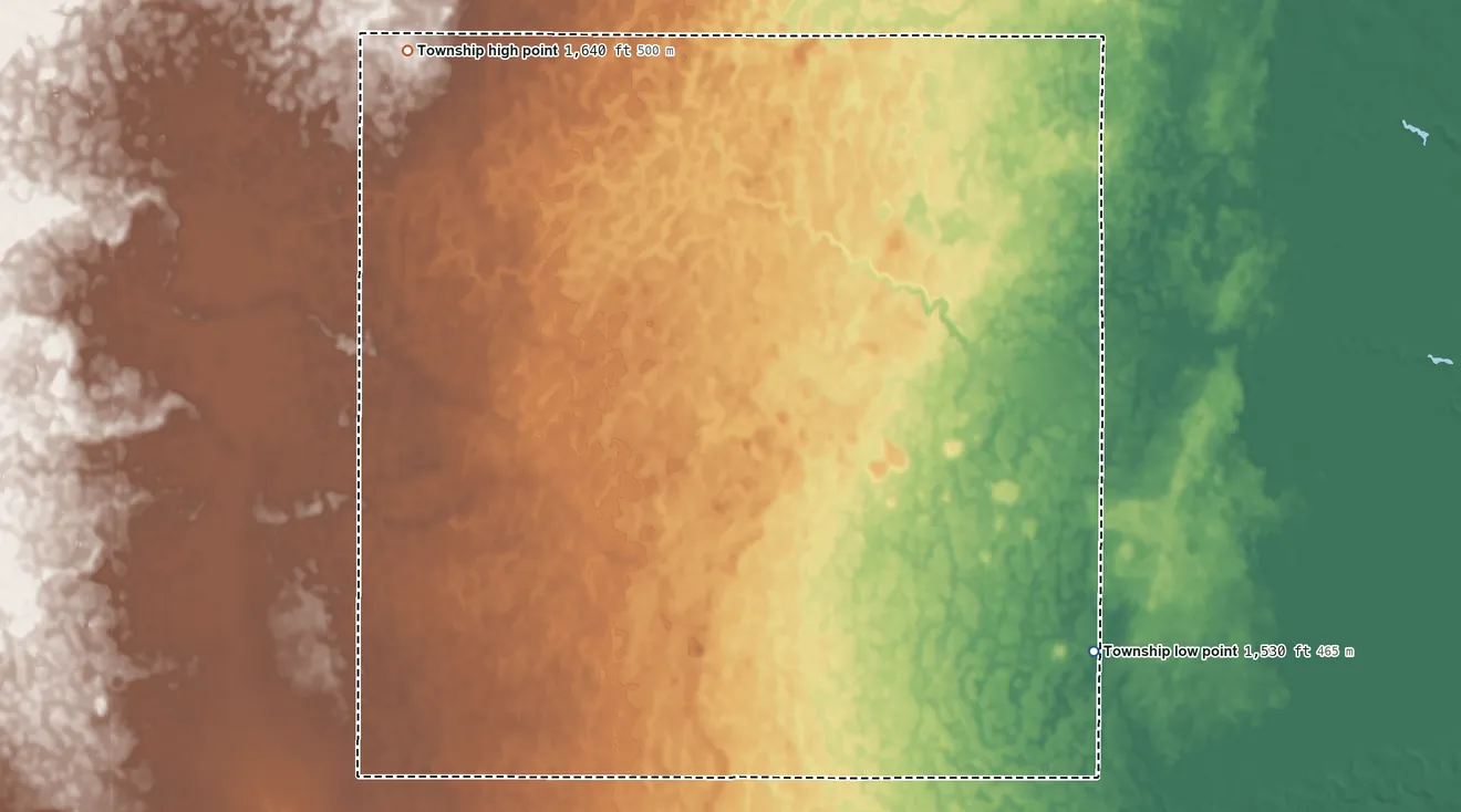Topographic elevation map of Alden Township, South Dakota, shaded from 1,530 ft on the southeast side to 1,640 ft on the northwest side