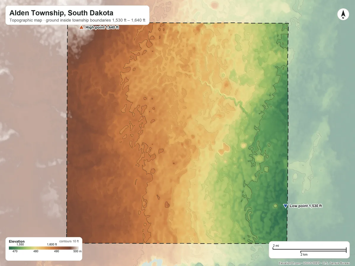 Topographic elevation map of Alden Township, South Dakota, shaded from 1,530 ft on the southeast side to 1,640 ft on the northwest side