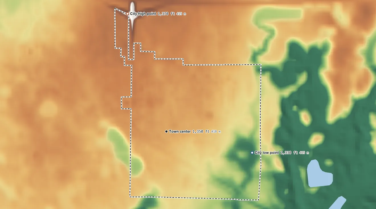 Topographic elevation map of Alexandria, South Dakota, shaded from 1,330 ft on the east side to 1,370 ft on the north side