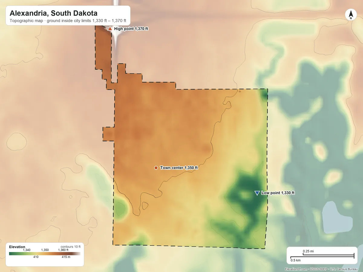 Topographic elevation map of Alexandria, South Dakota, shaded from 1,330 ft on the east side to 1,370 ft on the north side