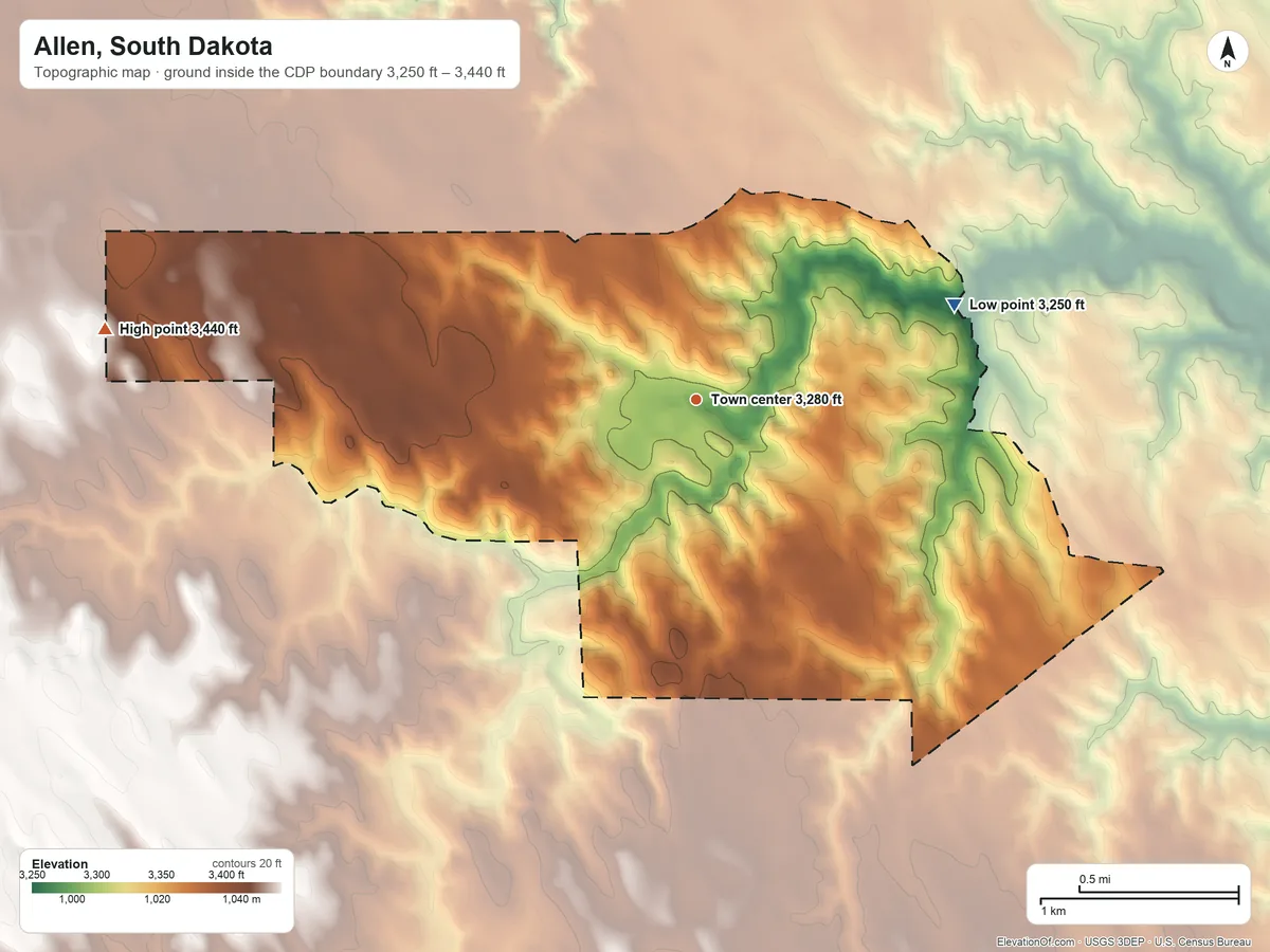 Topographic elevation map of Allen, South Dakota, shaded from 3,250 ft on the east side to 3,440 ft on the west side