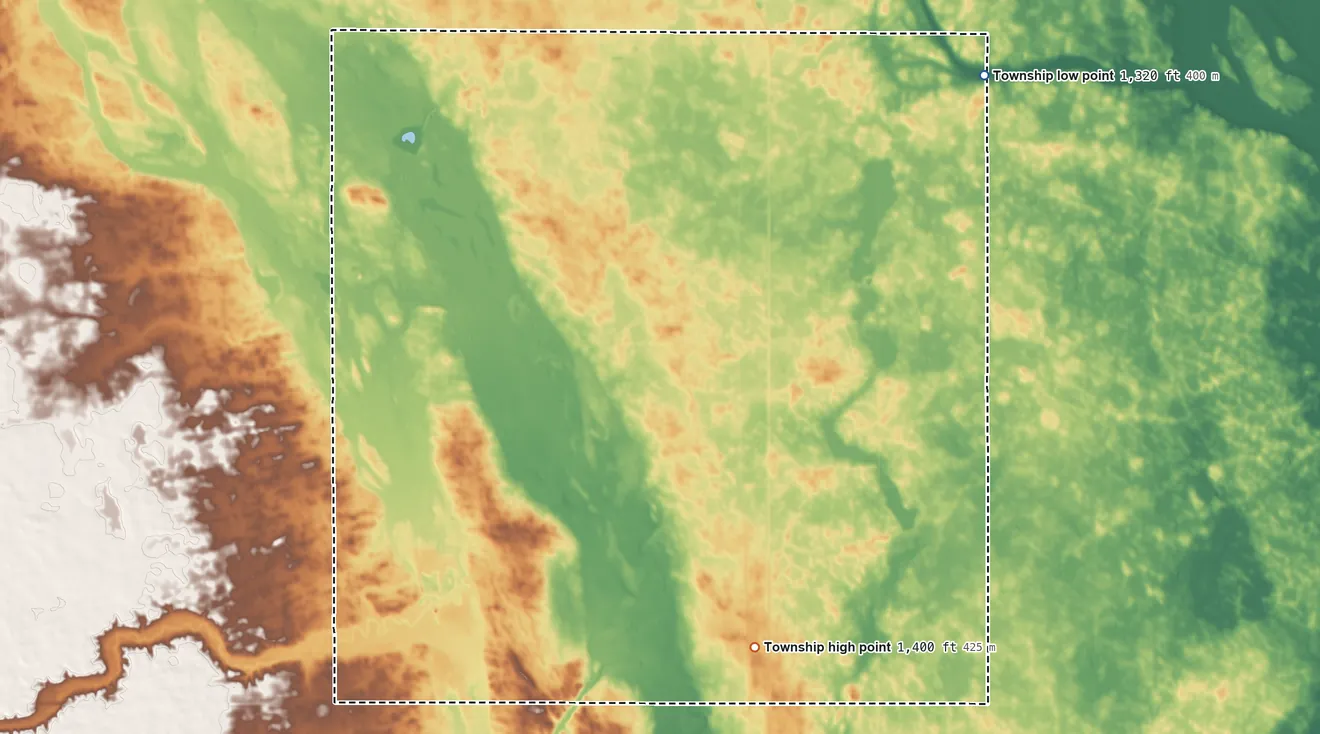 Topographic elevation map of Allen Township, South Dakota, shaded from 1,320 ft on the northeast side to 1,400 ft on the south side