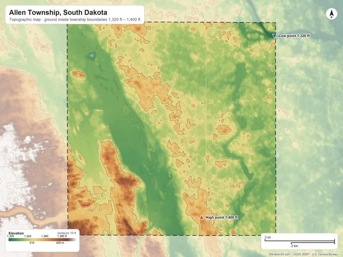 Topographic elevation map of Allen Township, South Dakota, shaded from 1,320 ft on the northeast side to 1,400 ft on the south side