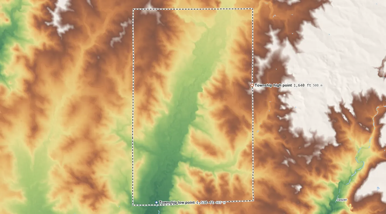 Topographic elevation map of Alliance Township, South Dakota, shaded from 1,530 ft on the south side to 1,640 ft on the northeast side