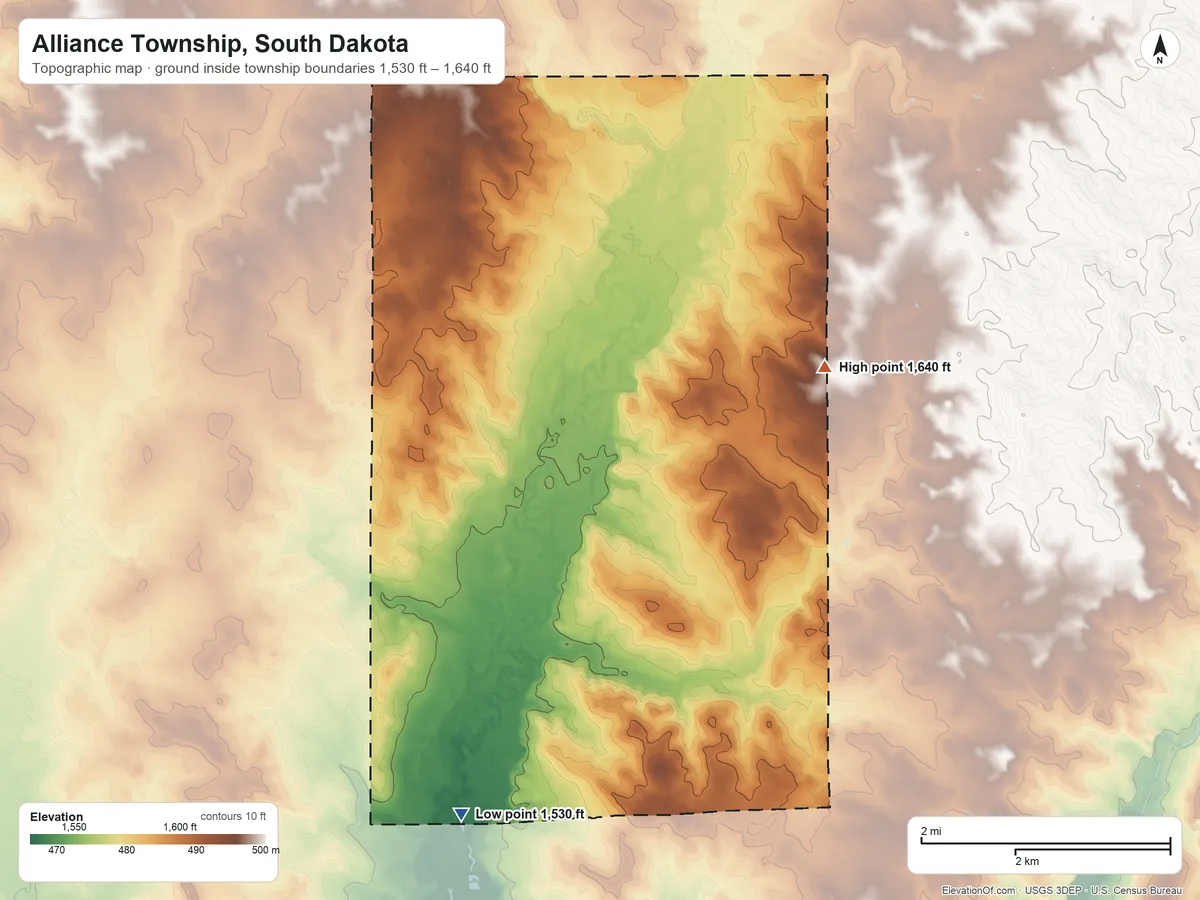 Topographic elevation map of Alliance Township, South Dakota, shaded from 1,530 ft on the south side to 1,640 ft on the northeast side