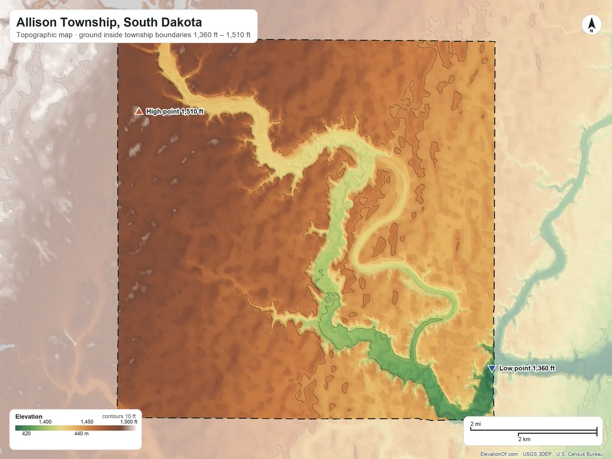 Topographic elevation map of Allison Township, South Dakota, shaded from 1,360 ft on the southeast side to 1,510 ft on the northwest side