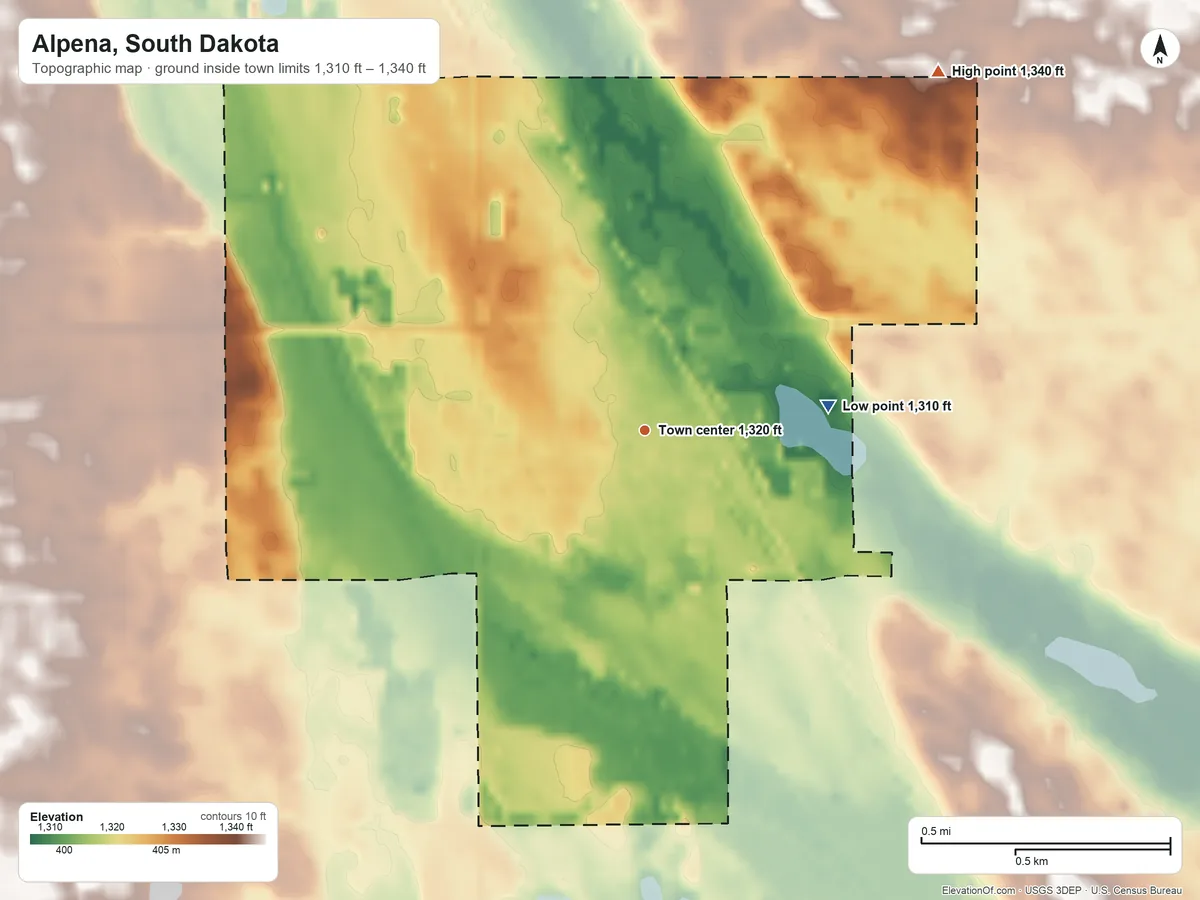 Topographic elevation map of Alpena, South Dakota, shaded from 1,310 ft on the east side to 1,340 ft on the northeast side