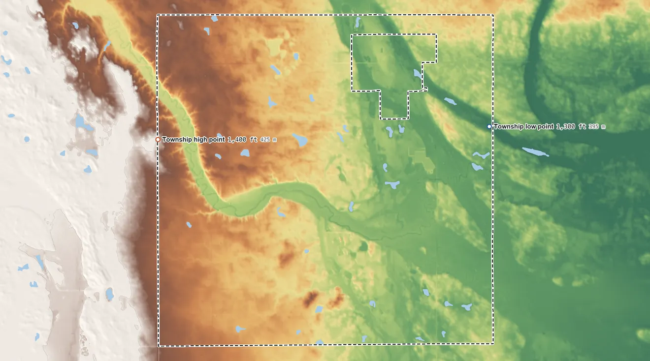 Topographic elevation map of Alpena Township, South Dakota, shaded from 1,300 ft on the northeast side to 1,400 ft on the northwest side