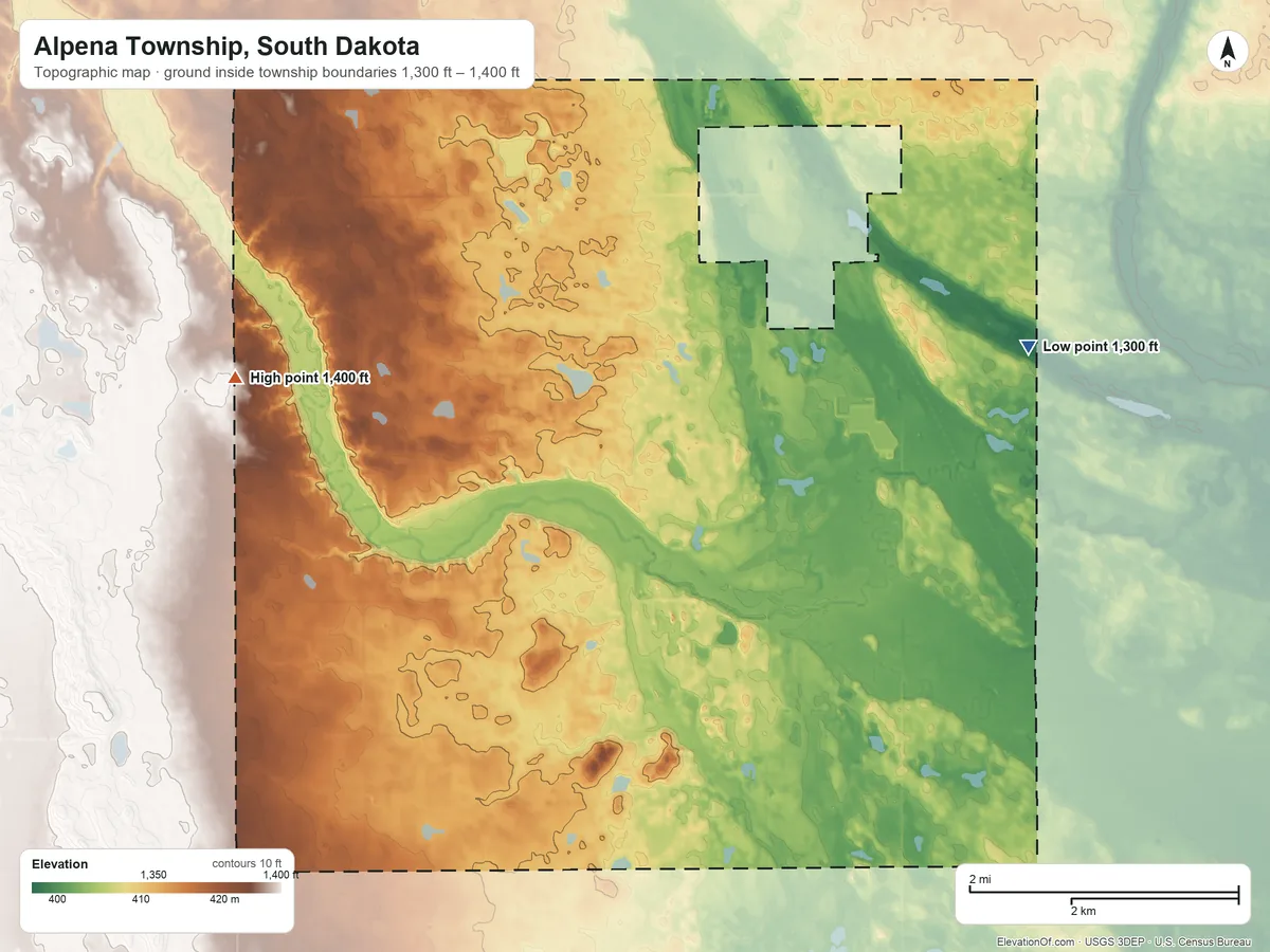 Topographic elevation map of Alpena Township, South Dakota, shaded from 1,300 ft on the northeast side to 1,400 ft on the northwest side